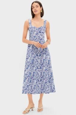 HYACINTH HOUSE Blue Linen Floral Open Back Lawson Bustier Maxi Dress Size M NWT